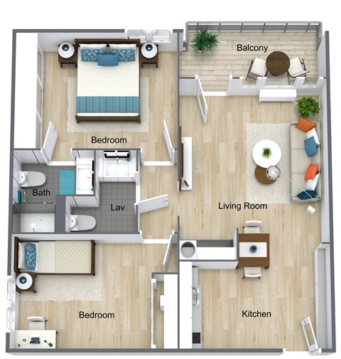 Floor plan for 2 beds, 2 baths, 856 sqft